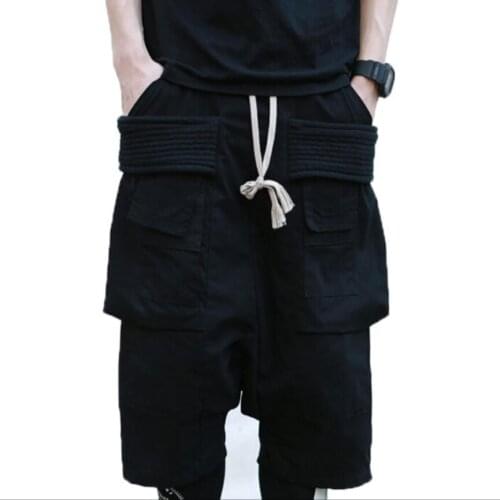 28-46 Original Mens Spring And Summer New Tide Cropped Trousers Youth Solid Color Casual Multi-pocke Low Crotch Pants Tooling