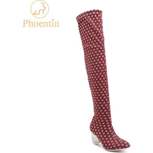 Phoentin slip on boots thigh high 2018 stretch fabric bottine femme polka dot crystal strange heels ladies shoes size 43 FT479