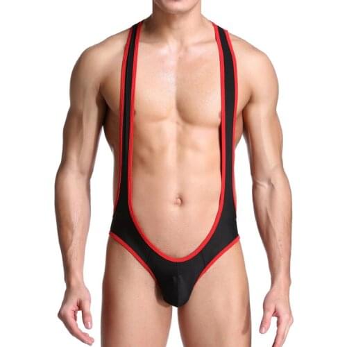 Men Jumpsuits Mesh Penis Pouch Jockstrap Bodysuits Shaper Leotard Sexy Open Back Undershirts Wrestling Singlets Gay One-piece