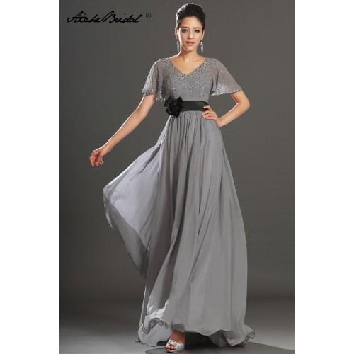 Gorgeous A Line Cap Sleeve Backless Chiffon Mother of the Bride Dress V Neck Long Beaded Formal Womens Dress