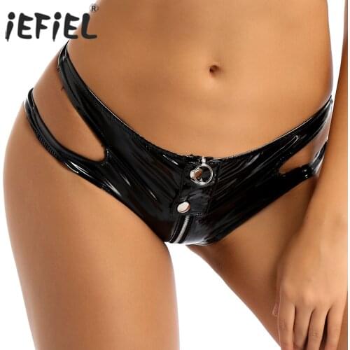 Black Fashion Womens Lady Leather Latex Panties Zipper Crotch Shiny Briefs Sexy Night Party Low-waisted Underwear Underpants