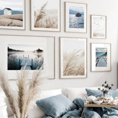 Jetty Morning Fog Beige Reed Calm Beach Boat Nordic Poster Wall Art Print Canvas Painting Decoration Pictures For Living Room