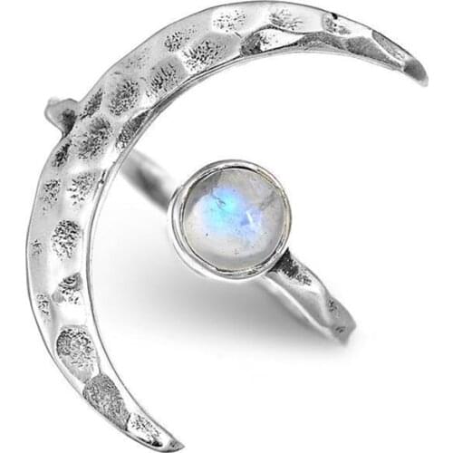 Retro Fashion Charm Female Silver Color Beautiful Moonlight Gem Moon Ring Elegant Woman Jewelry Accessories Festival Party Gift