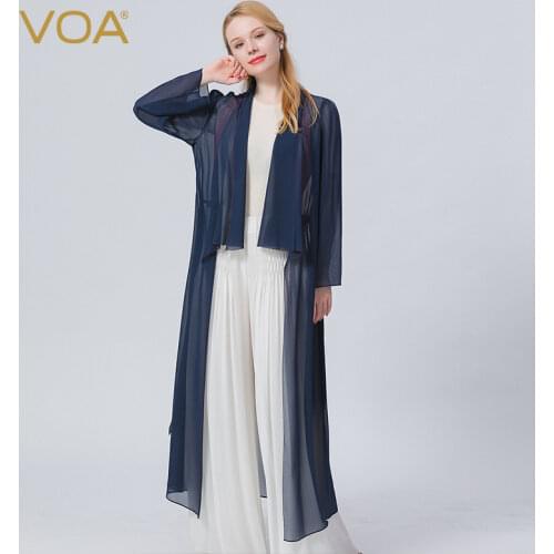 VOA Casual Scarf Collar Silk Cardigan Spring Autumn Elegant Bright Line Long Sleeve Women Trench Coat with Belt Thin Coats FE163