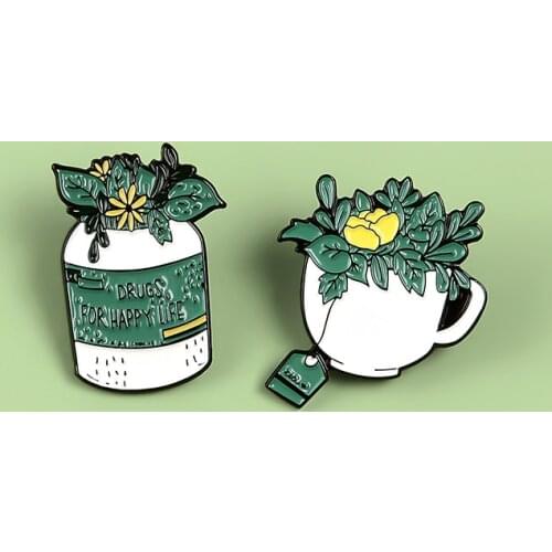 Green Plant Potted Metal Enamel Brooch Creative Teapot Teacup Vase Badge Pin Fun Trendy Clothing Backpack Jewelry Gift For Kids