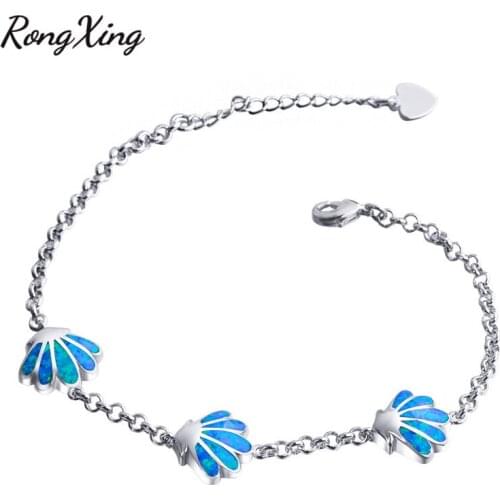 RongXing Cute Blue Fire Opal Shell Bracelets For Women Silver Color Birthstone Scallop Charm Bracelet Gifts BT0086