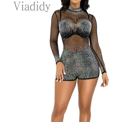 Women Sexy Sheer Mesh Rhinestone Design Bodycon Playsuit Nightclub Party Rompers