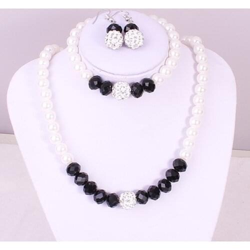 Hot Female Costume Black Crystal Jewelry Sets Silver Color Simulated Pearl Wedding Bridal Necklace Earring Bracelet Set Gift