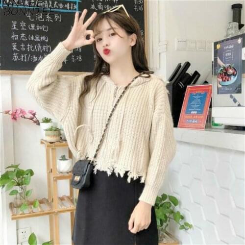 Sweaters Womens Minimalist Hooded Solid Tassel Short Loose Lazy Knitting Female Cardigan Autumn Korean Style Fashion All-match