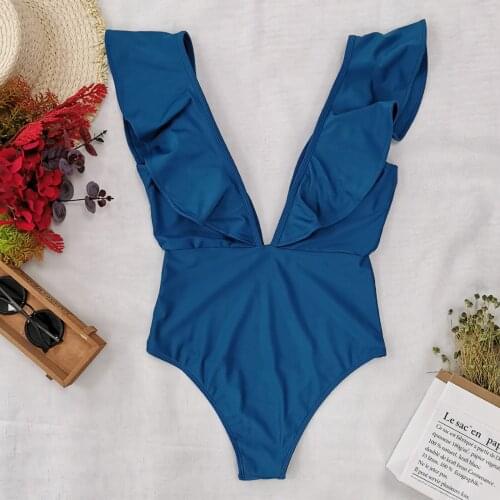 2021 New Sexy One-Piece Swimsuit Off The Shoulder Swimwear Bikini Solid Deep-V Neck Beachwear Women Bathing Suit