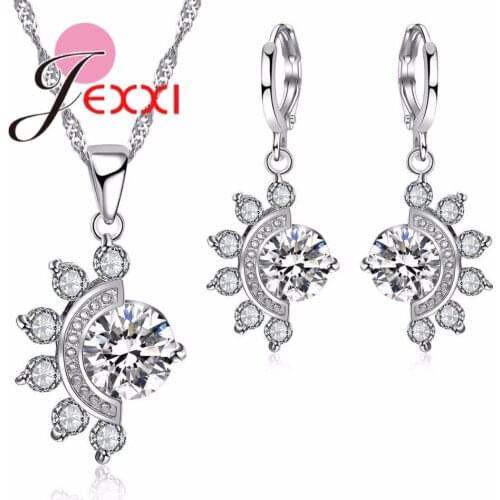 New Brand Zircons Sun Shape Round Crystal Cut CZ Necklace Earrings For Women Fashion 925 Sterling Silver Jewelry Sets