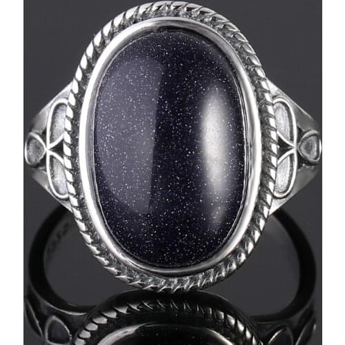 Blue Sandstone Rings for Womens Sterling Silver 925 Jewelry Vintage Rings With 11x17MM Big Oval Gemstone Gifts Wholesale