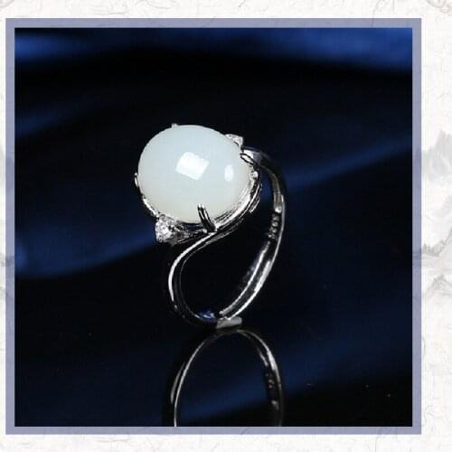 Hotan White Jade S925 Silver Inlaid Ring Opening Female Ring Gift Exquisite