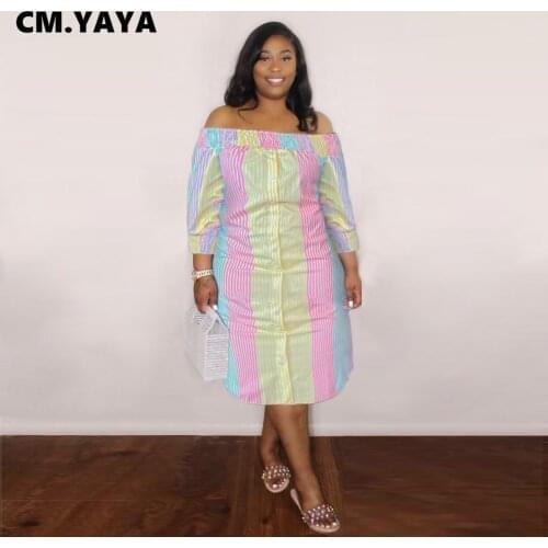 CM.YAYA Women Plus Size Dress Colorful Full Sleeve Off Shoulder Slash Neck Button Straight Loose Dresses Fashion Outfit Autumn