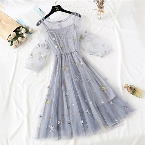 Gowyimmes Summer Two Piece Elegant Women Lantern Sleeve Mesh Dress + Vest Midi Long Party Lace Embroidery Dresses Vestidos PD397