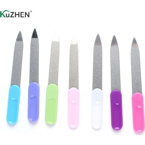 2PCS Double Sided Plastic Handle Stainless Steel Nail Files Pro Manicure Pedicure Tool For Nail Art Random Color