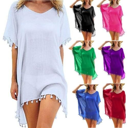 2021 Fashion Women Beach Dress Bikini Cover-ups Summer Short Sleeve Casual Loose Dress See Through Chiffon Swimwear Cover Up