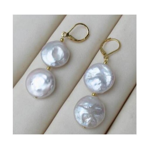 Free shipping>>>>noble jewelry 14K GOLD PAIR OF 15-16MM south sea WHITE COIN PEARL DANGLE BAROQUE EARRING