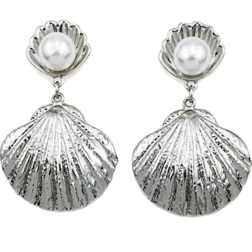 Simulated Pearl Big Metal Shell Drop Earrings For Women Fashion Jewelry Gold Silver Color Beach Statement Boho Earrings New