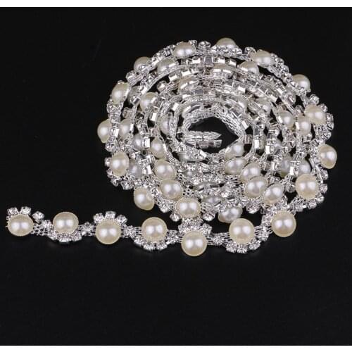 Pearl Rhinestone Chain Trim By The Yard - Bridal Dress Clothes Sweater Bags Garment Dress DIY Embellishment