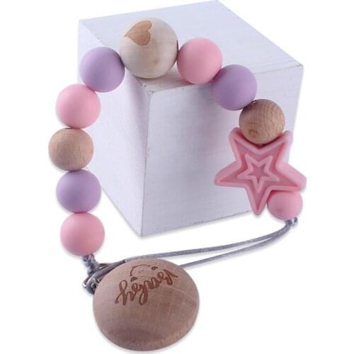 Baby Pacifier Clip Holder Wooden Clamp Silicone Beads Teether Chain Newborn Silicone Teether Toys Leash Strap Teething Bracelet