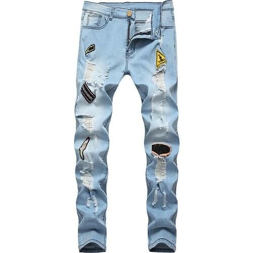 Streetwear Ripped Jeans Pants Men Clothing Slim Fit Stretch Hole Denim Pants Mens Trousers Blue Straight Motorcycle Jeans