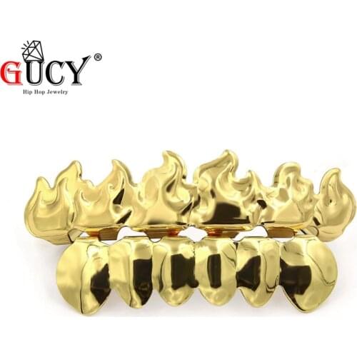 GUCY Gold Color Plated HIP HOP Teeth Grillz Caps Flame Leaf Top & Bottom Grills Set With Silicone Vampire Teeth Christmas Gift