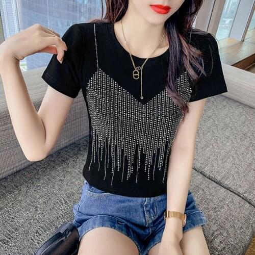 GGRIGHT Summer Crop Tops Diamonds Female T-shirt 2020 Basic Knit O-neck Cotton Tshirt Women Casual Short Sleeve Lady Tees