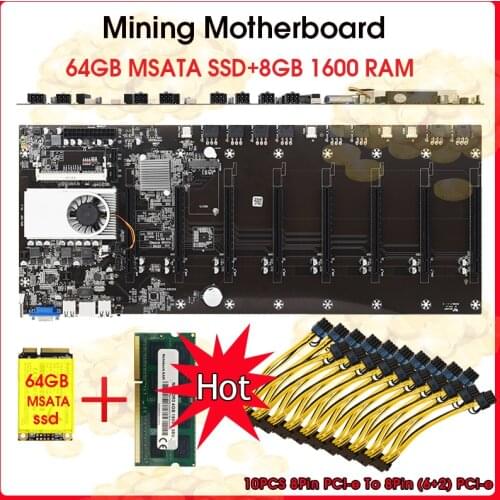 Riserless Mining Motherboard 8 GPU Bitcoin Crypto Etherum Mining Set with DDR3 8GB 1600MHz RAM,64GB mSATA SSD 8PIN to dual 8pin