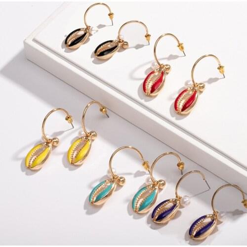 Fashion C Shape Multi-color Pearls Shell Earrings Summer Vacation Beach Womens Stud Earrings Bohemian Style Jewelry Accessories