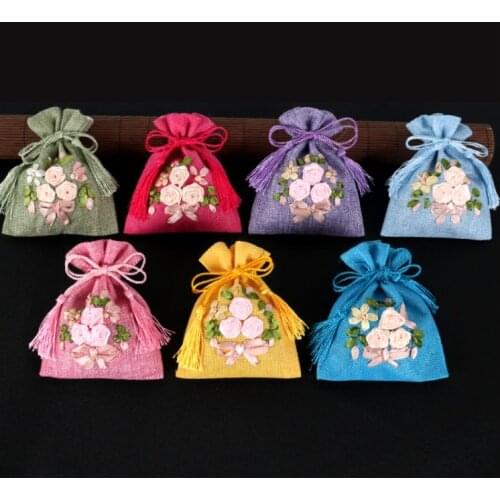 Tassel Small Linen Jewelry Gift Bag Handmade Ribbon Embroidery Drawstring Pouch Birthday Party Favor Bags Cloth Packaging Bag