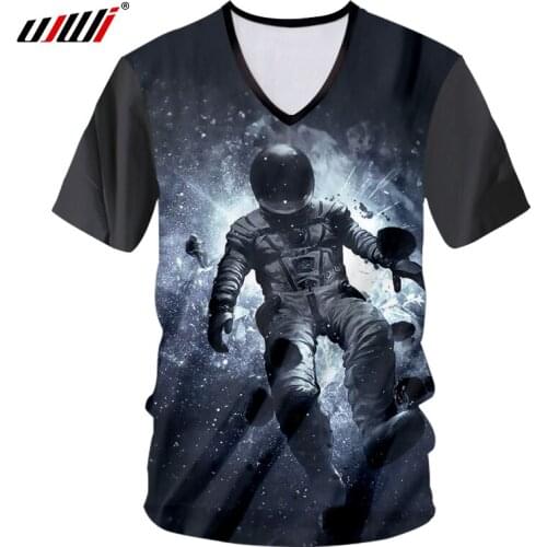 UJWI Mens V Neck Tshirts Print Astronaut On Moon 3D T-shirts Homme Hip Hop Streetwear Outfit Undershirts Unisex Big Size 7xl