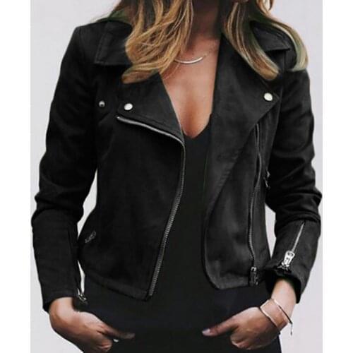 Plus Size Biker Jacket Women Solid Color Lapel Long Sleeve Zip Up Short Coat For Daily Wear