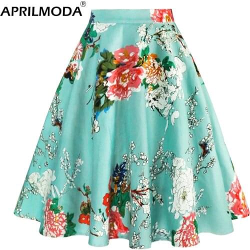 2021 Womens Vintage Skirt Summer Style 40s 50s Floral Retro A-line Pin Up Cotton Big Swing High Waist Short School Midi Skirts