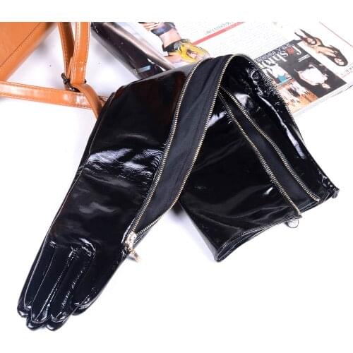 40cm-80cm Womens Ladies Genuine leather Shiny Black Patent Leather Zipper Gloves Party Evening Overlength long gloves