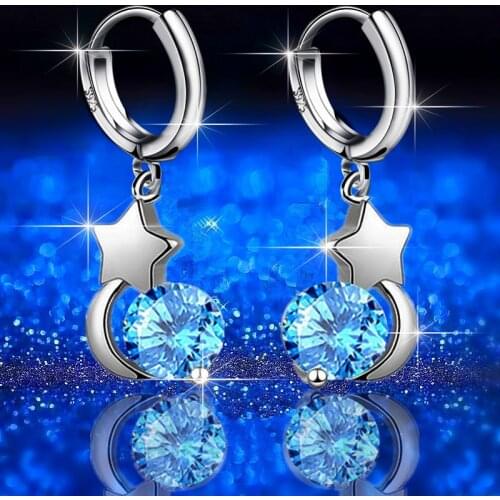 KOFSAC Fashion Shiny Zircon Star Moon Earrings For Women 925 Sterling Silver Jewelry Engagement Gifts Lady Party Accessories