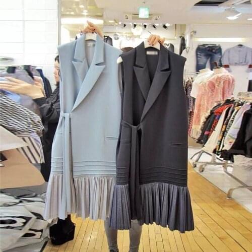 Temperamental Lace-up Vest Dress Women Casual Lotus Leaf Side Stitched Suit Collar Pleated Dresses Vestido Feminino