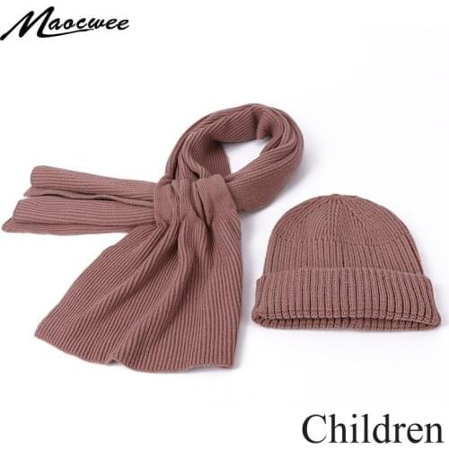 Winter Knitted Beanie Hat Scarf Set For Children Cute Baby Outdoor Warm Crochet Bonnet For Girls Boys Casual Solid Color Beanies
