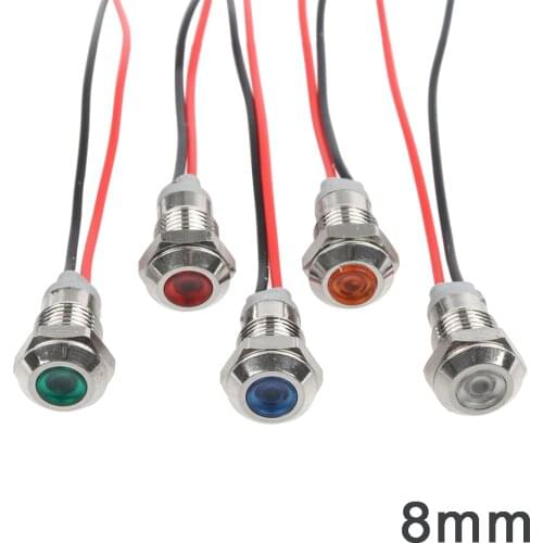 1PC 8mm LED Metal Indicator Light Waterproof Signal Lamp Instruction Dot Light Red Yellow Blue Green White 3-6V 12-24V 110-220V