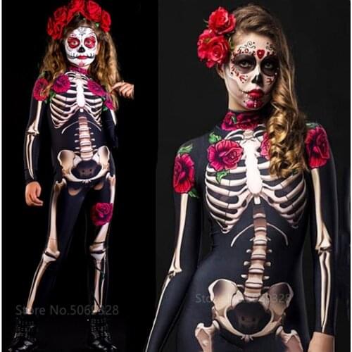 2020 Halloween Women Cosplay Skeleton Rose Print Sexy Jumpsuit Carnival Party Performance Children Devil Scary Costumes