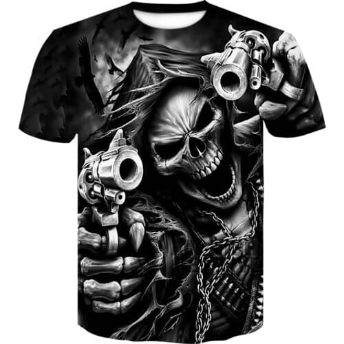 Black Skull Men Skeleton T-shirt Punk Rock Gun Blue T shirts 3d Print T-shirt Vintage Gothic Mens Clothing Summer White tops