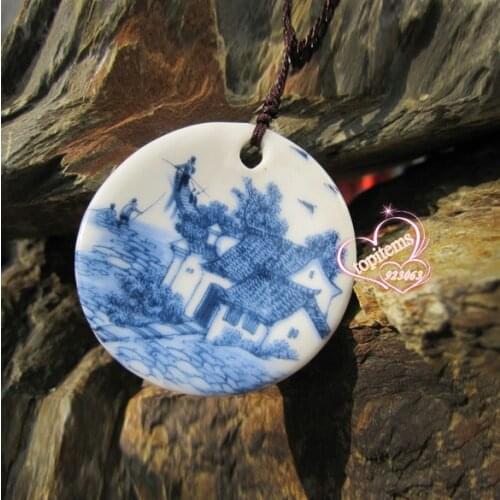 Chinese Old Dwellings Painting Round Ceramic Pendant Rope Necklace Ethnic Jewelry For Women