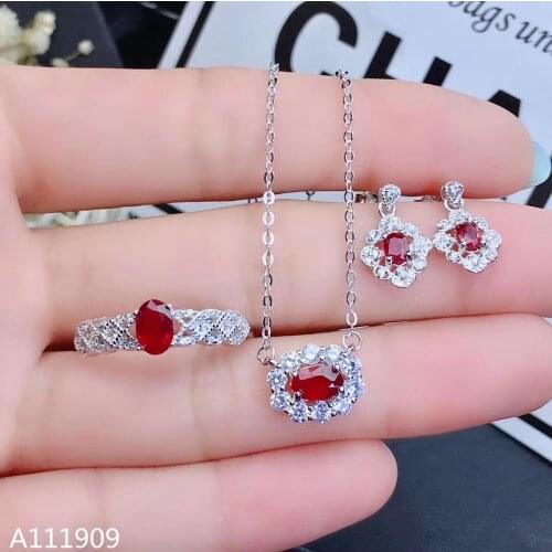 KJJEAXCMY boutique jewelry 925 sterling silver inlaid Natural ruby Ring Necklace Earring Suit Support Detection
