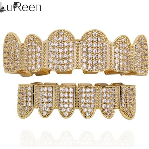 LuReen Hip Hop Iced Out Gold Teeth Grillz Micro Pave Cubic Zirconia Top Bottom Grills Mouth Tooth Caps Rapper Luxury Jewelry
