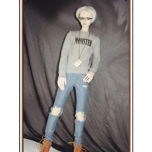 Fashion 1/3 BJD Long Sleeve Tshirt Ripped Jeans Set Outfit Clothes Accessory for Normal 70cm Uncle Size Doll