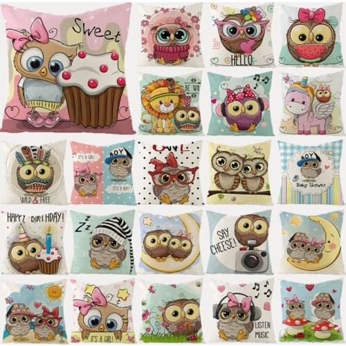 Cartoon Owl Cushion Cover 45X45 Cotton Linen Cute Animal Print Decorative Pillowcase Sofa Cushions Pink Pillow Covers Home Decor