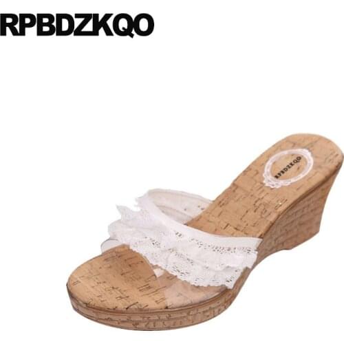 Slip On Cork Shoes Cheap Open Toe Pvc Lace Slides High Heels White Transparent Pumps Platform Wedge Sandals Summer Nice Women