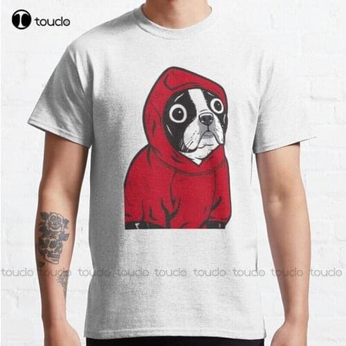 New Boston Terrier In A Red Hoodie Classic T-Shirt Cotton Tee Shirt S-3Xl