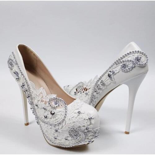 New 2021 Woman Platform White Bridal Wedding Shoes Lace Flower Round Toe Party Dress Shoes High Pumps 14cm Thin Heels Crystal