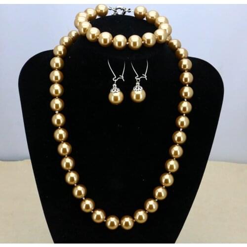 Discount!12mm Brown glass pearl chain necklace set necklace 18"bracelet 7.5" earring women fashion elegant jewelry